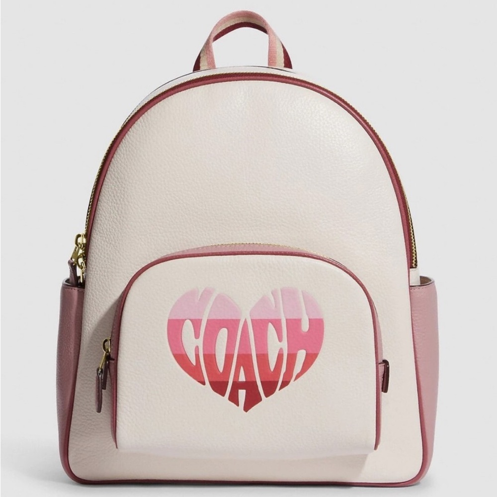 Coach Court Stripe Heart Motif Pebble Leather Chalk White Backpack NWT - Picture 2 of 16